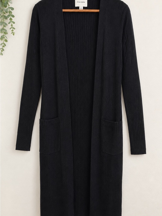Pink Rose Sweaters - Pink Rose Black Ribbed Duster Cardigan Open Front Pockets Size Small Long